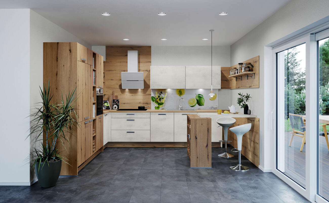 Express Moderne L-Küche in Holzoptik mit Tresen